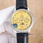 Best replica Omega Seamaster gold dial diamond bezel Swiss mechanical leather strap watch (1)_th.jpg